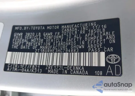 2017 Toyota Corolla Le из США, поврежденный, VIN 2T1BURHE3HC794883